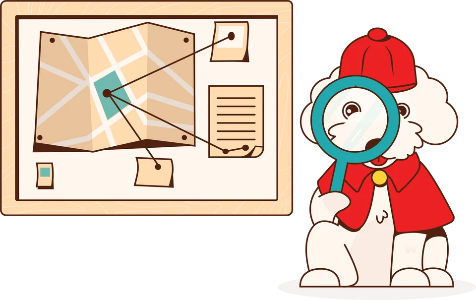A dog in a detective cap holding a magnifying glass, beside a pinboard mapping out where a pet was last seen.