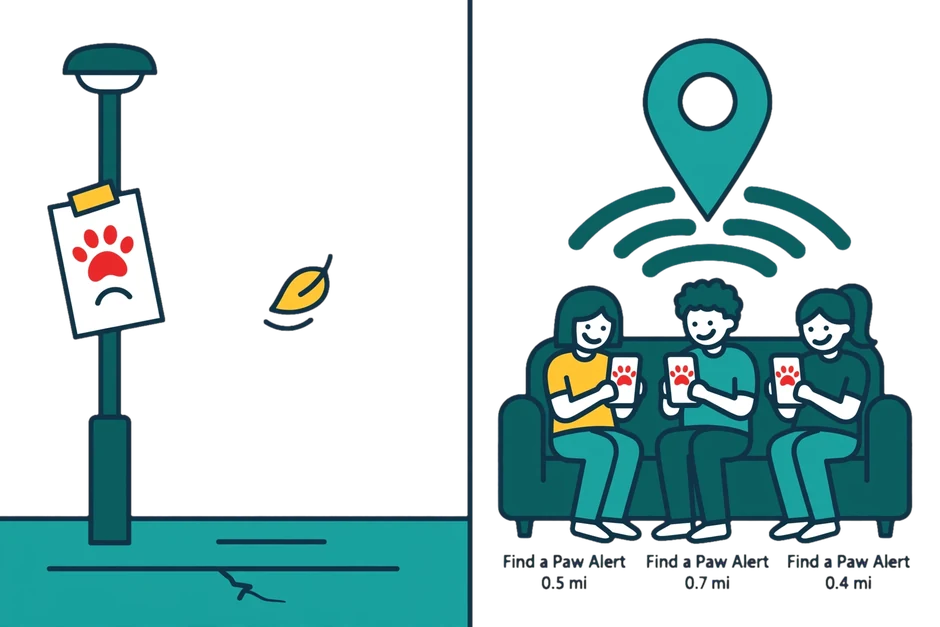 Left: a lone lost pet flyer taped to a lamppost on an empty street. Right: three neighbors on a sofa, each receiving a Find a Paw alert on their phone from 0.4 to 0.7 miles away.