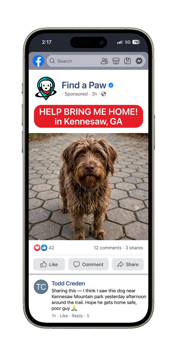 A phone showing a Find a Paw missing pet alert in a Facebook feed, with reactions and a neighbor's comment below it.